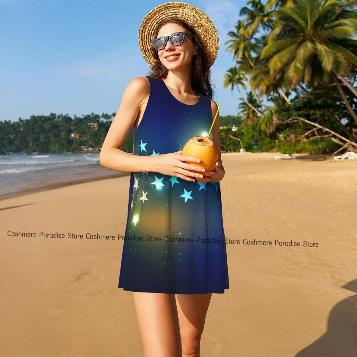 فستان نسائي ستارز صيفي كاجوال فساتين تي شيرت لتغطية الشاطئ فستان بدون أكمام #4