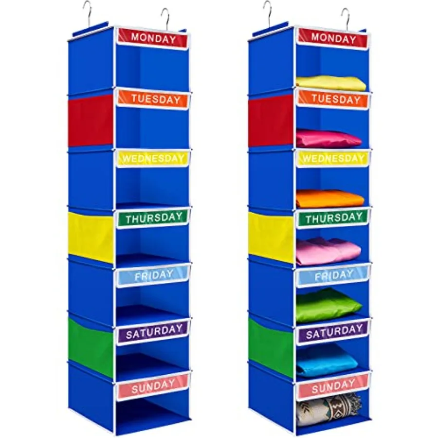 

2 Pcs 7 Shelf Weekly Clothes Organizer for Hanging Closet Organizer 11. 8 x 11. 8 x 50 Inch Daily Activity Clothes Storage Draw