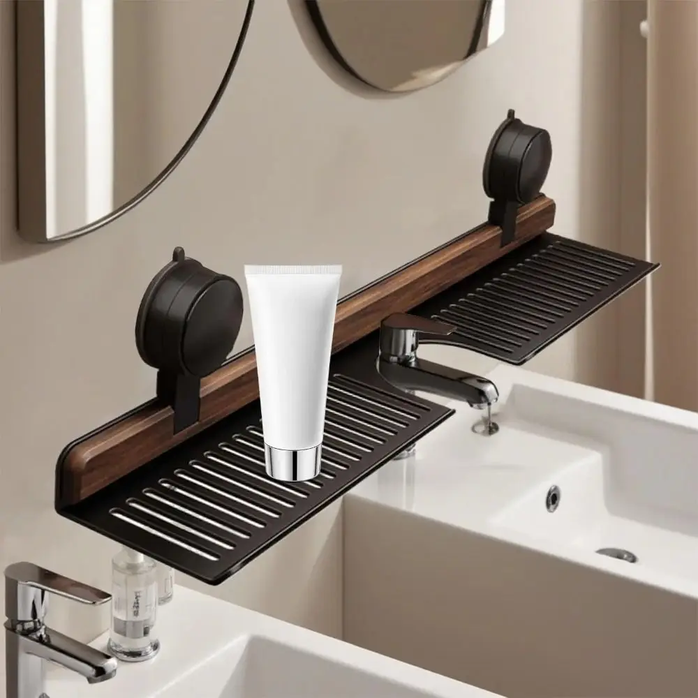 Walnut Finish Suction Cup Bathroom Shelf No Drill Drain Basket Over Faucet Sink Rack Wall Mount Rustproof