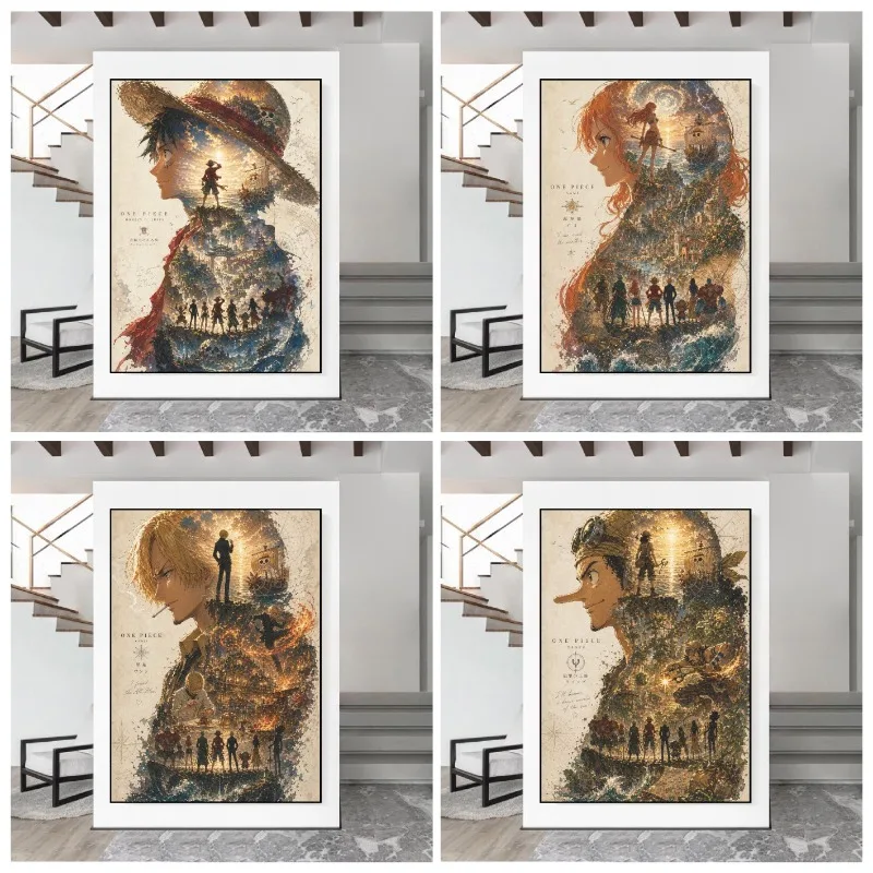 One Piece Luffy Nami Franky Usopp Roronoa Zoro Tony Tony Chopper Retro Anime Poster Background Wall Decoration Gift Collection