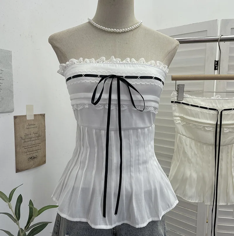 

Hot Girl Strapless Top for Summer, Lace Trim, Short Vest with Padded Chest, Tie-Waist