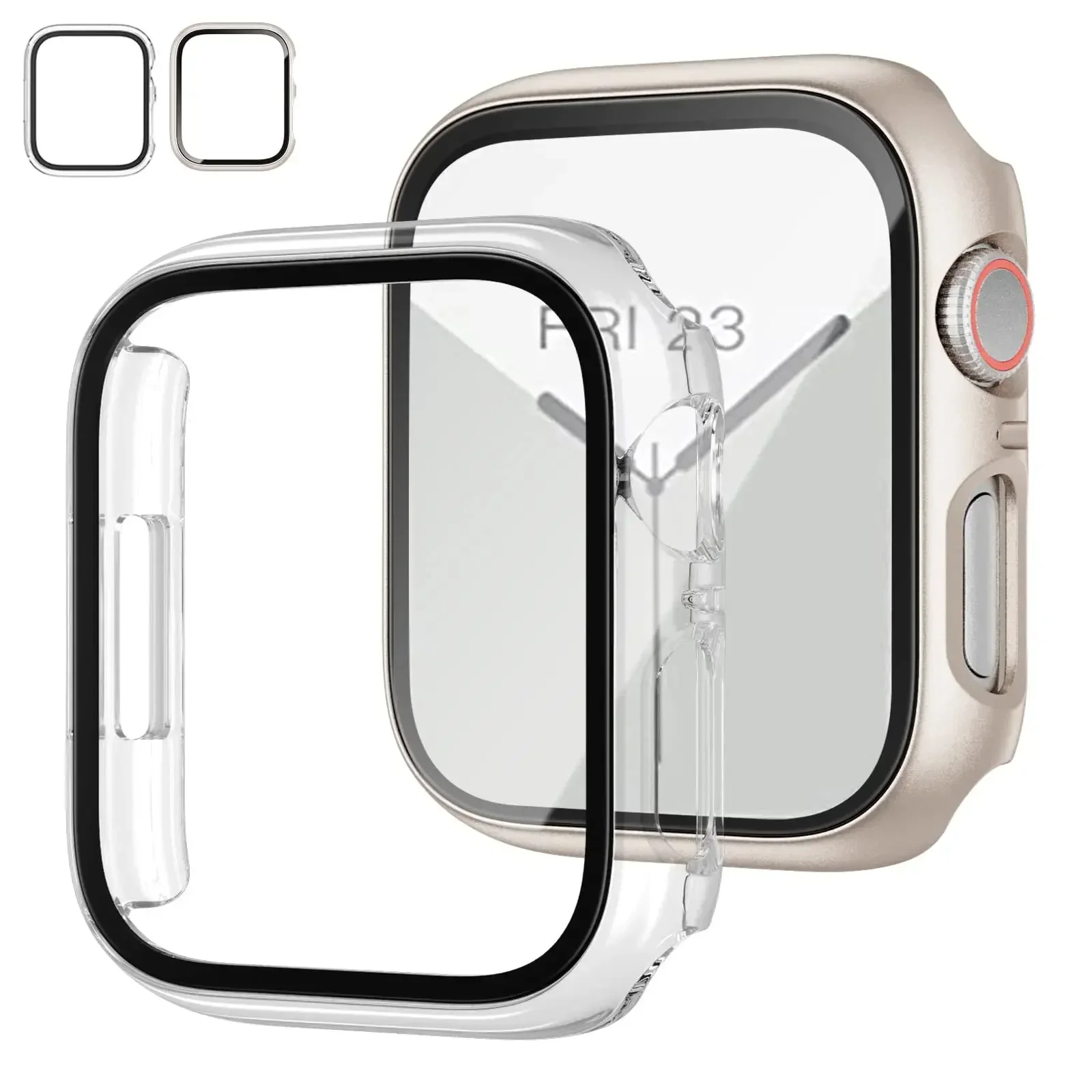 2er-Pack Gehärtetes Glas+Hülle für Apple Watch Gehäuse 44mm 40mm 42mm 41mm 45mm PC-Stoßfänger Displayschutz iWatch Serie 9 8 7 6 5 3 SE