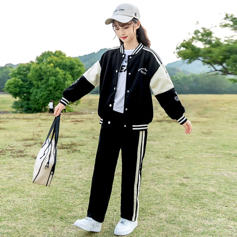 

Korean Spring Autumn School Girl Sports Suit Junior Girl Single-breasted Sport Coats+Striped Sport Pants Kids Girl 2pcs Suit