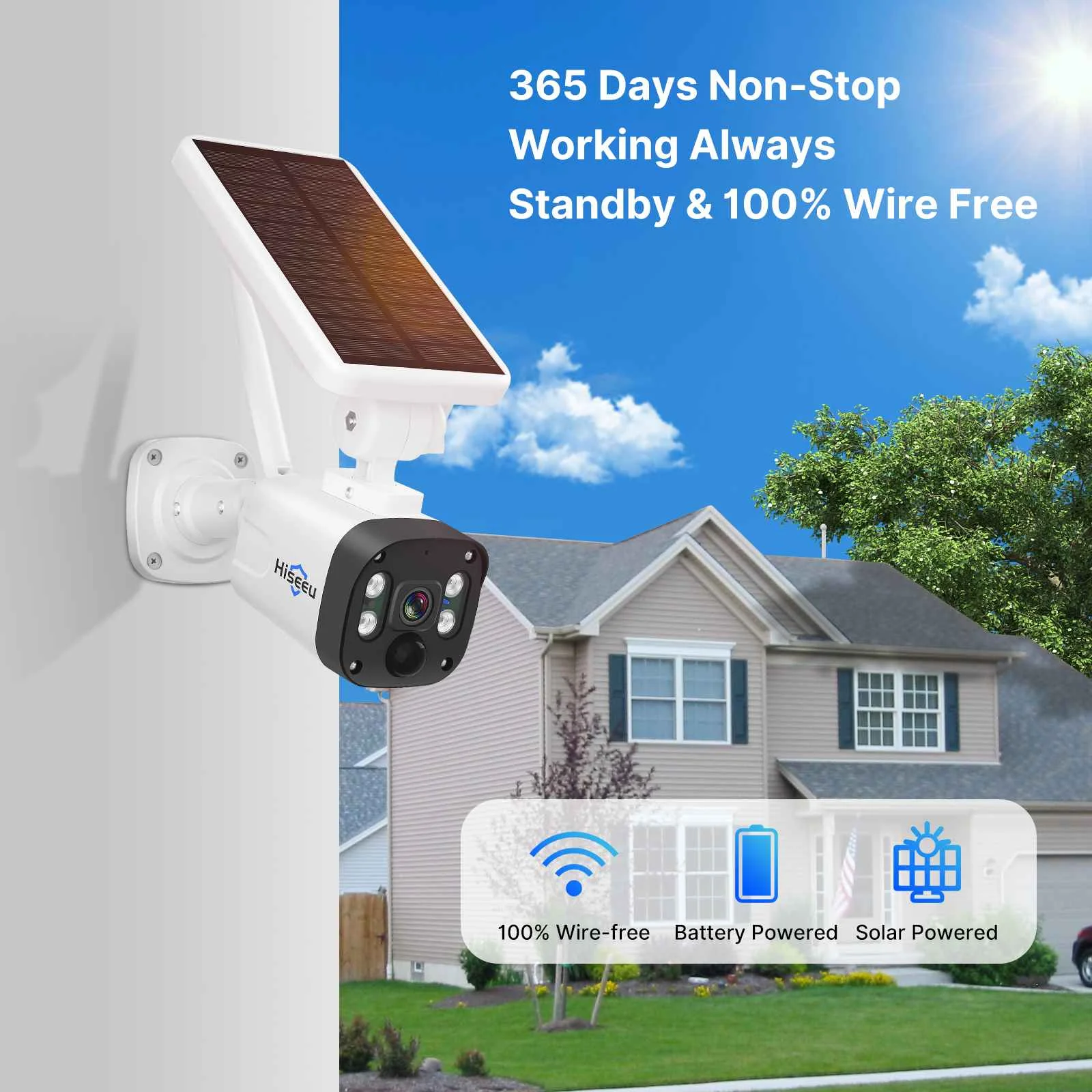 Hiseeu Wireless Security Camera System Outdoor 2K Solar Camera Wire-Free Battery Powered Home Camera 2-Way Audio PIR Detection