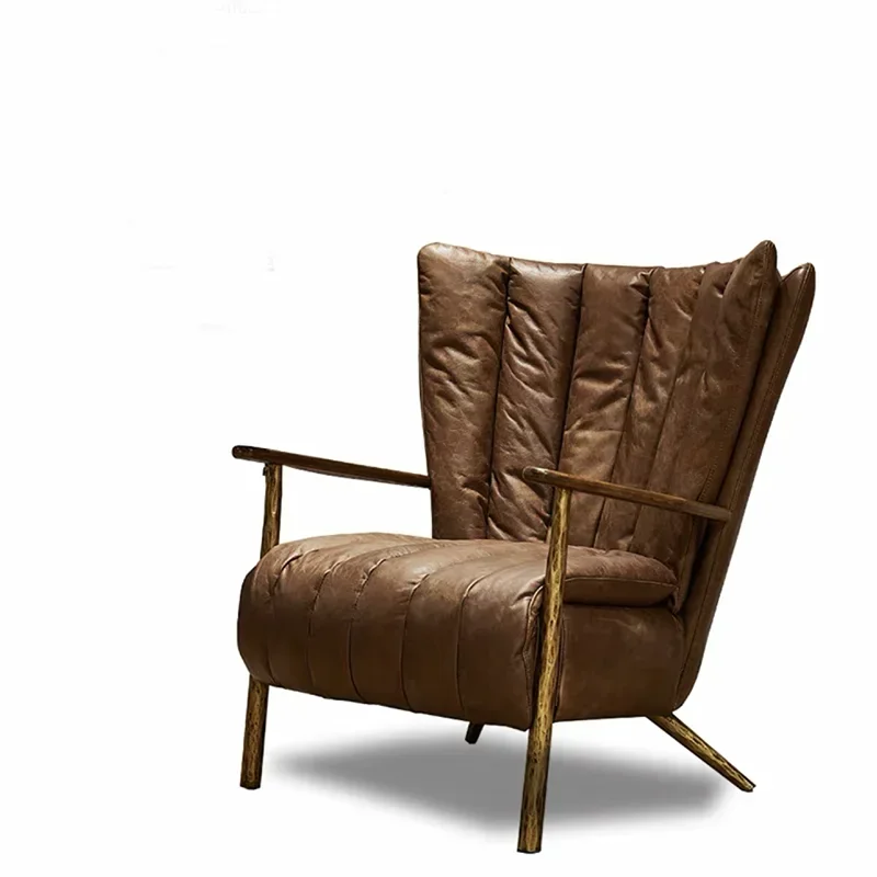 Single sofa chair retro oil wax leather, wrought iron forging, American style, tiger chair