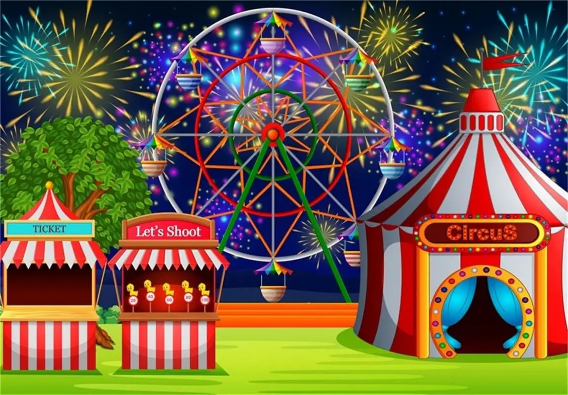 Circus Tent Backdrop Amusement Park Ferris Wheel Fireworks Photography Background Carnival Brithday Party Decoration Banner Kid