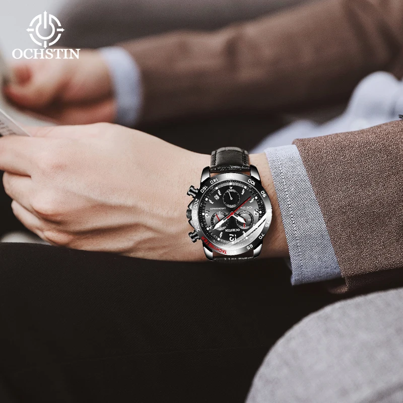 OCHSTIN Man Quartz Multi‑Function Watches Men's Genuine Leather Band Alloy Case Daily Waterproof Hardened Mineral Glass Clock