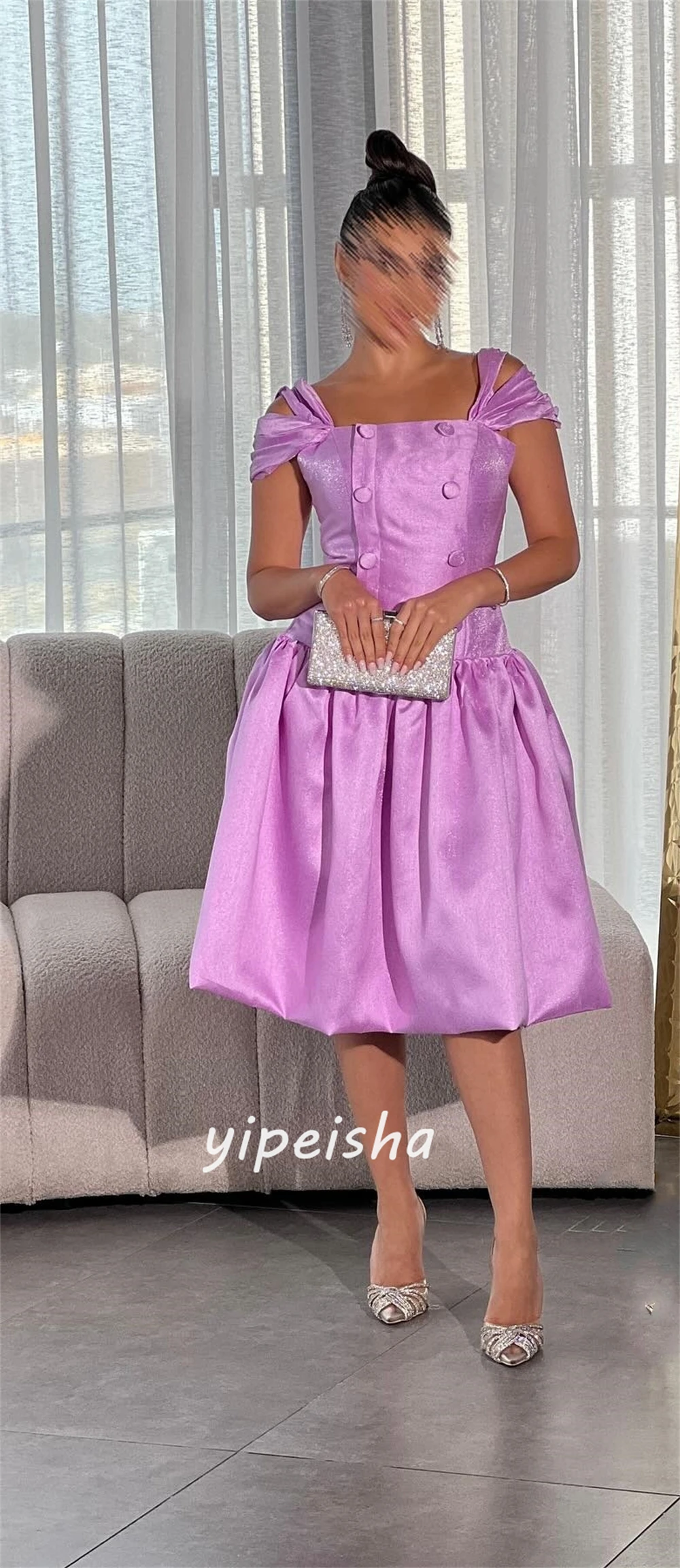 تخصيص رائعة الساتان Ruched ألف خط خارج على الكتف فساتين متوسطة الطول فساتين Quinceanera النمط الحديث Pastrol للجنسين الصينية S