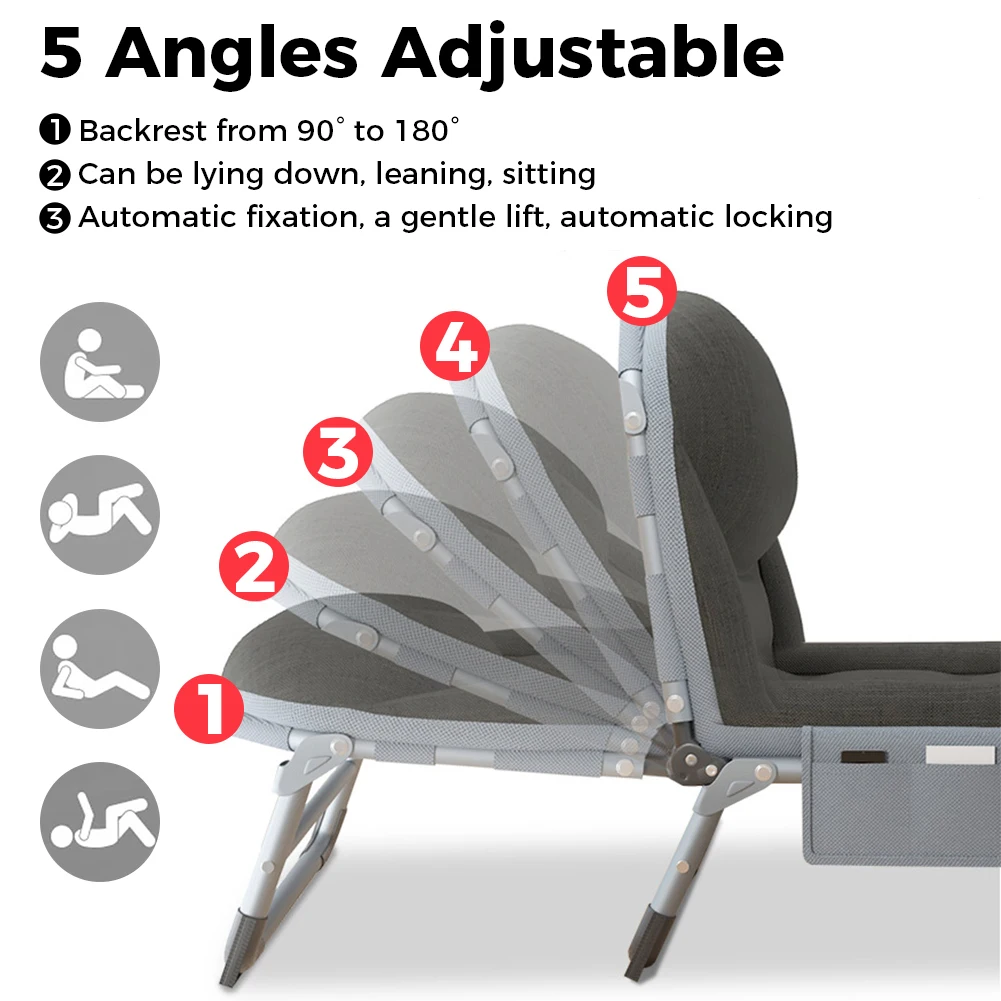 Pesca ao ar livre Dormir Cot com bolso lateral, Camping Anglers Chair, portátil reclinável Bedchair, 5 níveis ajustáveis