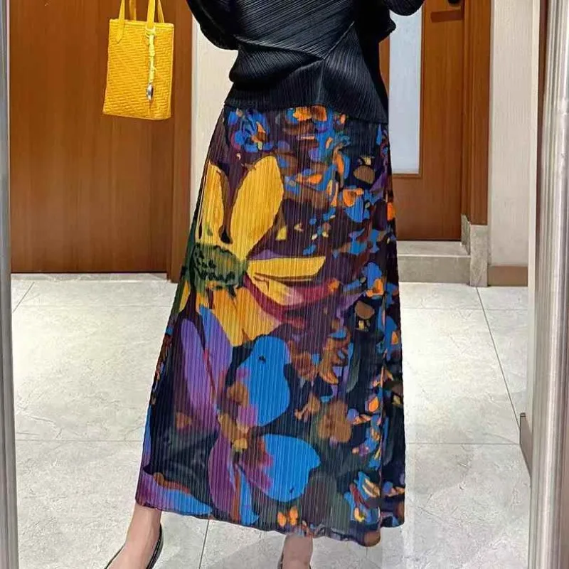 

Miyake Pleated Skirt 2026 New Vintage Print Elegant Floral Skirt Fashion Oil Painting Print Elastic Vacation Women's Long Skirt