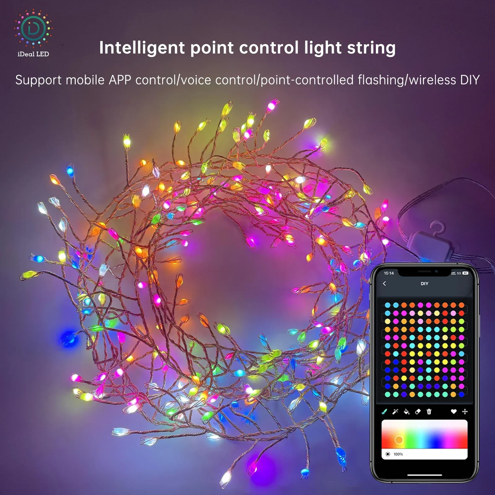 Controle por aplicativo rgb luz led à prova d\'água ano novo decoração de casa lâmpada de corda diy exibição de imagem música lustre bluetooth