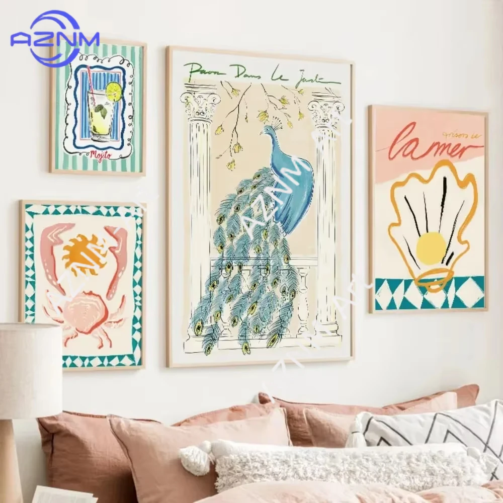 Póster de lienzo con diseño de árbol de coco y pavo real, decoración de pared para sala de estar, 1 unidad