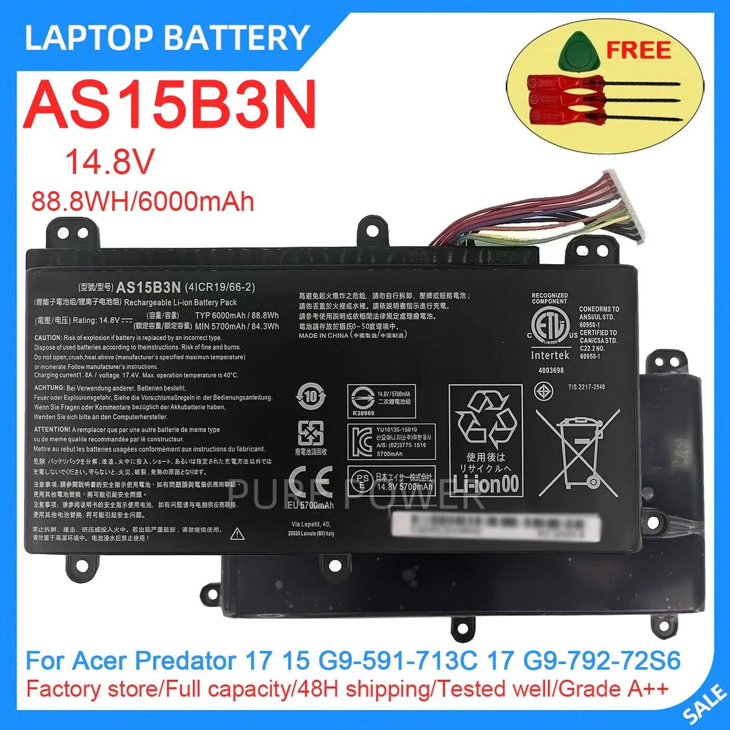 New Laptop Battery AS15B3N 14.8V 88.8WH 6000mAh High Quality For Acer Predator 17 15 G9-591-713C 17 G9-792-72S6
