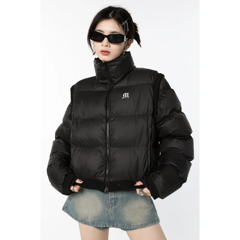 Women Black Short Down Jacket Stand Collar Fashion American Thicken Warm Feather Duck Down Female Puffer New Winter Outwear