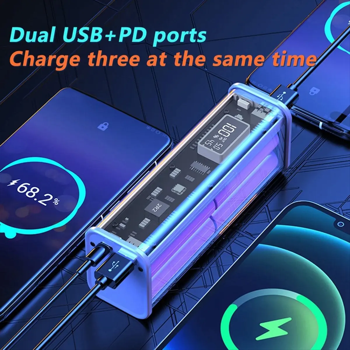 (ABDH) Rechargeable Battery Sets Main Board and Case PD Fast Charging Mobile Power Bulk Rechargeable 18650 Li Ion Battery,Blue