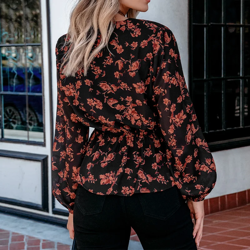 Plus size women's floral print V-neck ruffled long sleeved elegant shirt with elastic waist and loose fashion top