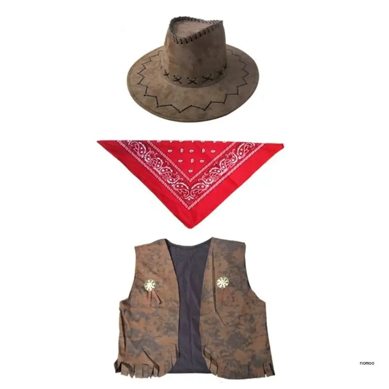 Cow-boy Costumes Includes Vests Hat Scarf Cos-play Costume Accessories for Adult