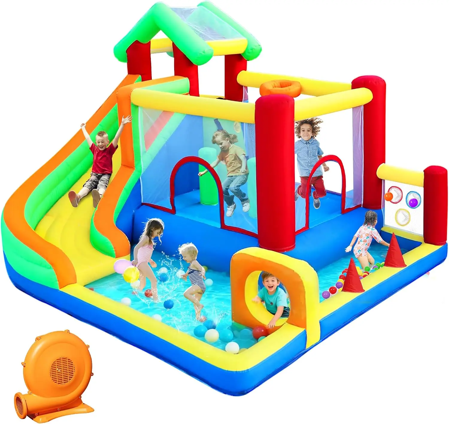 Bounce House, Inflatable Bounce Castle with Blower for Kids Indoor Outdoor, Blow Up Jumping Castle with Ball Pit, Slide, Climbin