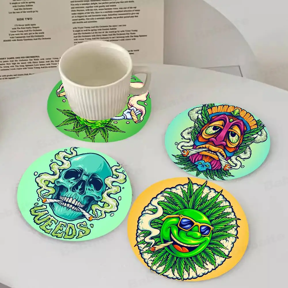 Weed Leaves Printed Coasters Suitable for Daily Family Party Decoration, Office, Non-Slip Wooden Coasters