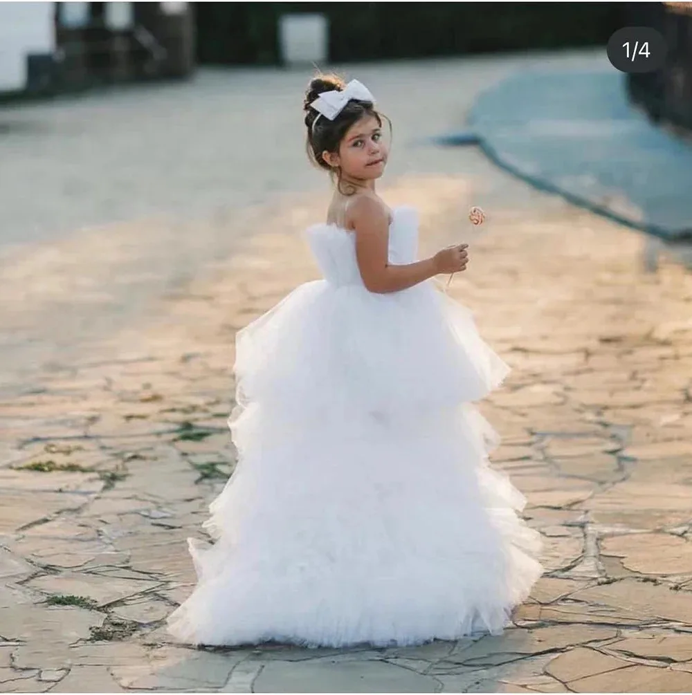 Vestido de niña de flores en capas para boda, tul blanco sin mangas con lazo, bonito vestido de fiesta de cumpleaños para niño