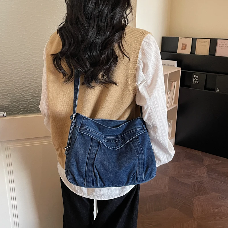 

Джинсовая женская сумка, винтажная сумка через плечо, сумка-мессенджер из денима, сумка Y2K, студенческая экосумка, корейская сумка-шоппер, модная сумка-кроссбоди