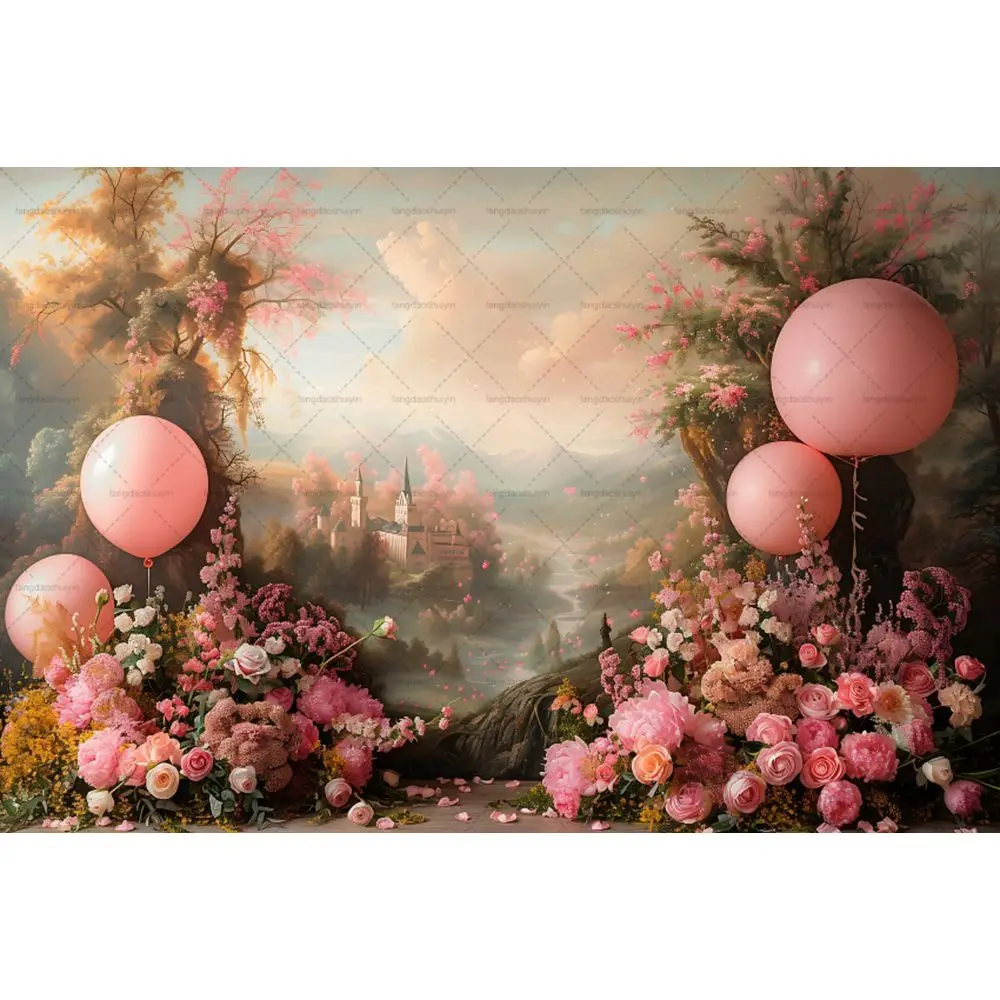 3D Fairytale Castle Photography Background Colorful Balloon Arch Girl Little Princess Birthday Party Backdrop Photo Studio Props