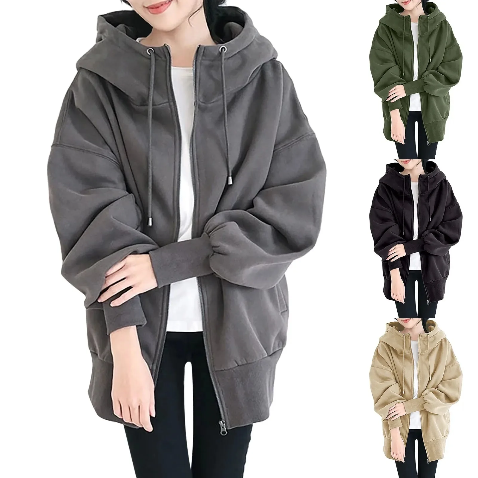 Hoodies women 2026 casual European Autumn Winter new lantern sleeve solid color zipper long fleece hoodie women's clothing