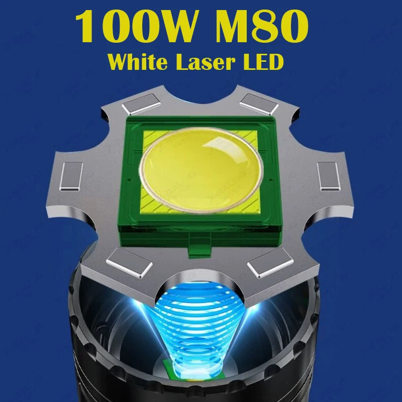 ハイパワーLED懐中電灯,100w,長距離,5000m,緊急ズーム,屋外用,グローディスプレイ機能付き