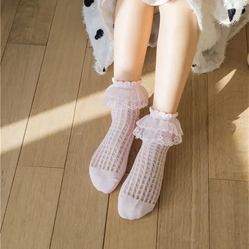 Chaussettes de danse en dentelle pour filles, fines, blanches, en maille respirante, en coton, pour princesse, printemps automne