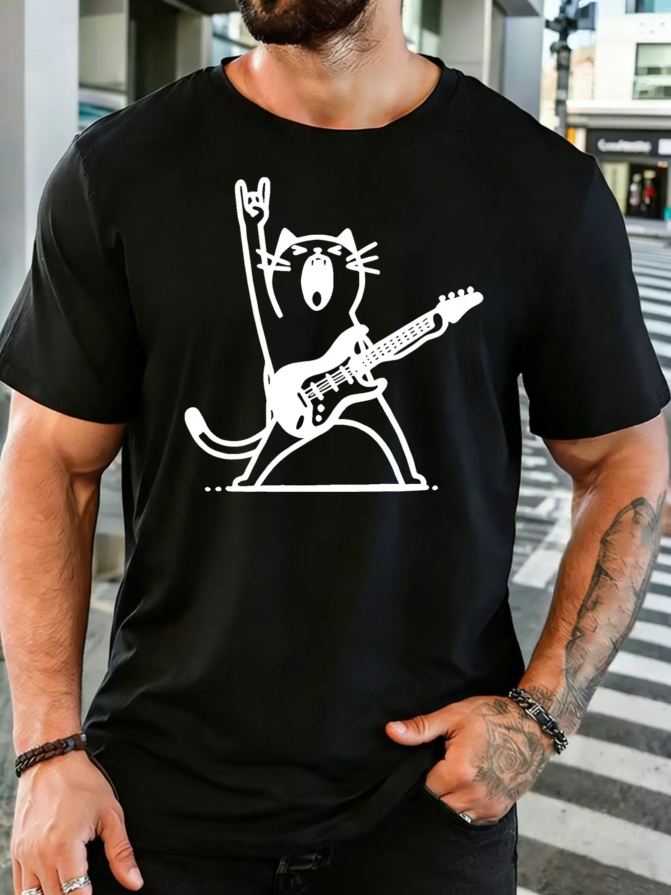 Cartoon Heavy Metal Cat With Rock Hand Sign Print Mens Breathable Cotton Round Neck Short Sleeve Music Fan Daily Streetwear Top