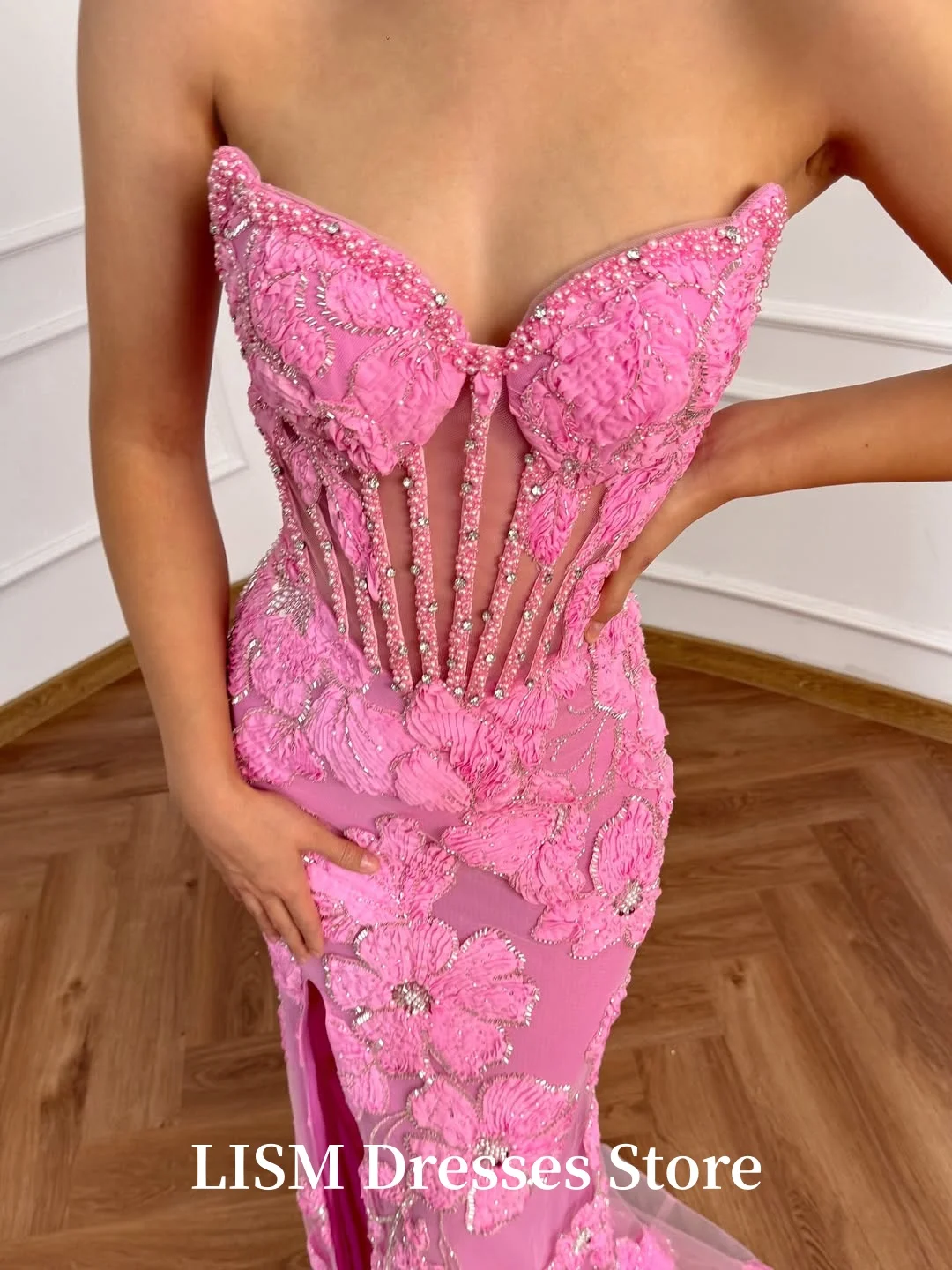 فساتين سهرة بحورية البحر على شكل قلب وردي من LIAM فساتين حفلات طويلة أنيقة من الدانتيل الحريري فساتين حفلات الزفاف فستان المساء