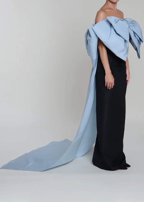 스카이 블루 블랙 오프숄더 이브닝 드레스 더블 보우 파이에 컬럼 가운 탈부착 가능한 케이프 포함 우아한 스트레이트 프롬 드레스