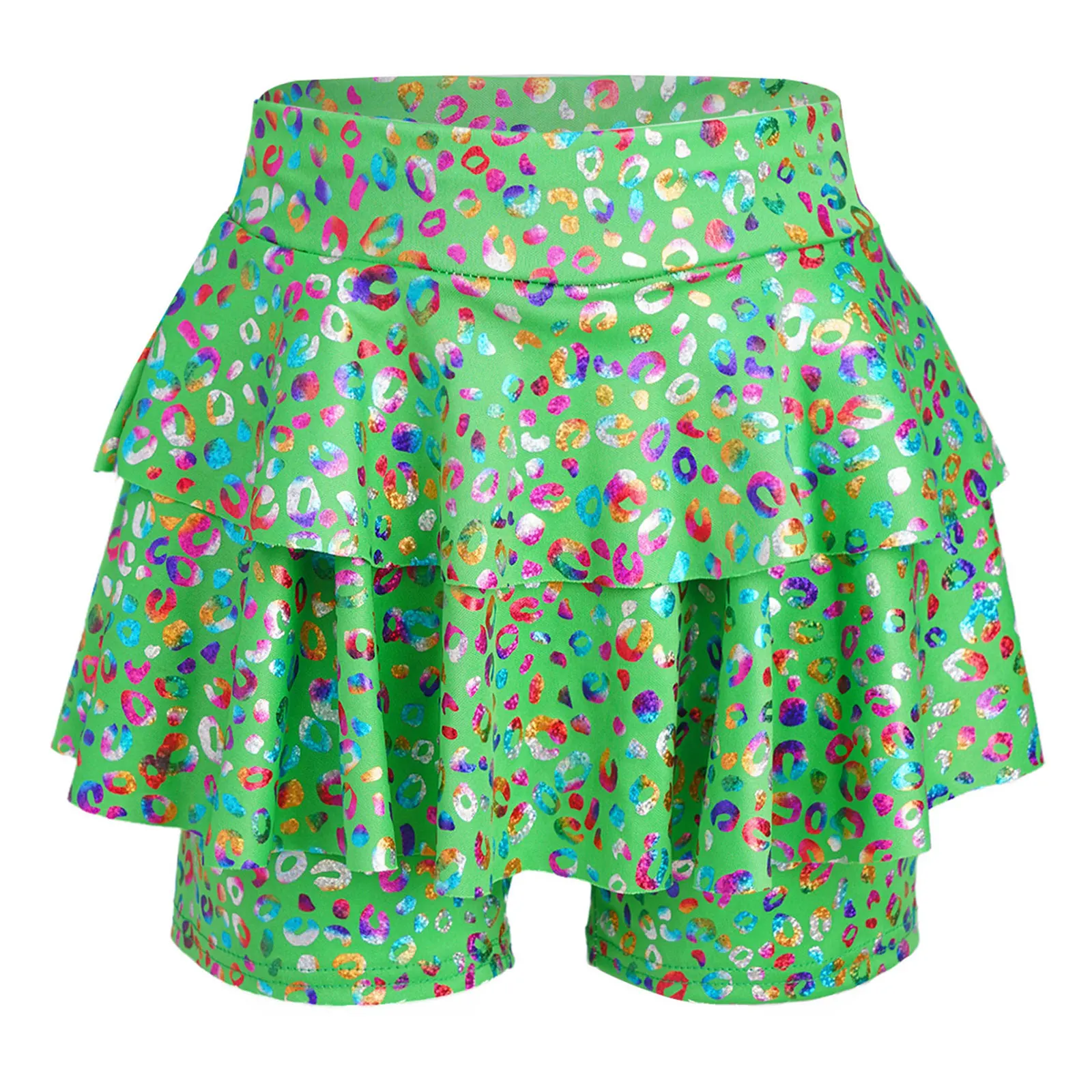 

Kids Girls Jazz Dance Culotte Metallic Leopard Print High Waist Elastic Waistband Skirted Shorts for Cheerleading Ballet Skirts