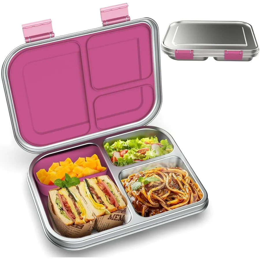 

Stainless Steel Kids Leak-Resistant Bento Lunch Box, 3-Compartments with Silicone Container, Dishwasher-Safe, Child-Friendly Des