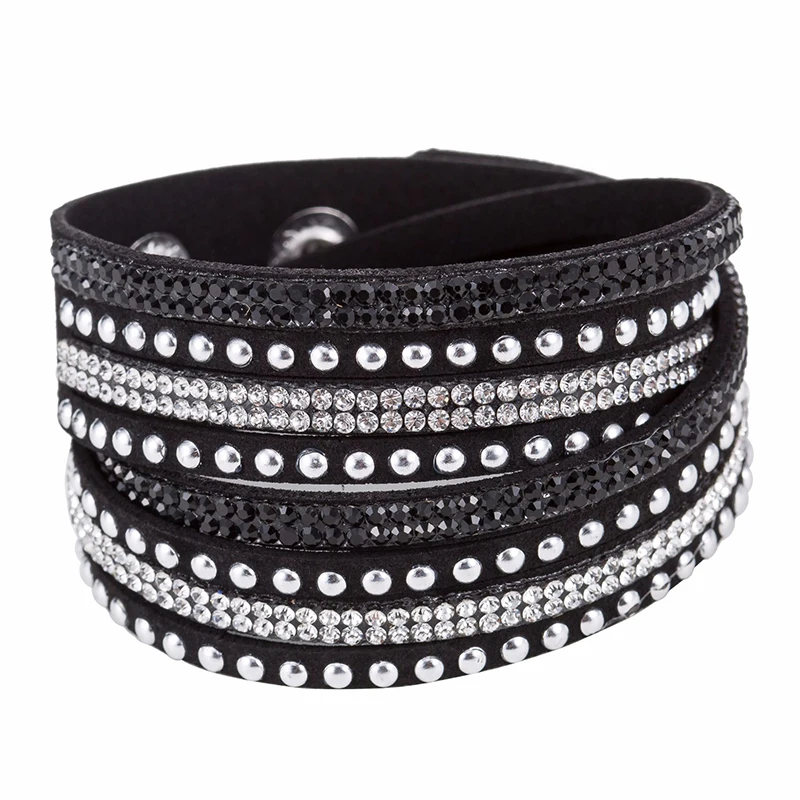 Classic Multilayer Leather Bracelet For Women Rhinestone Paved Wide Wrap Velvet Adjustable Button Wrist Bracelet Femme Jewelry