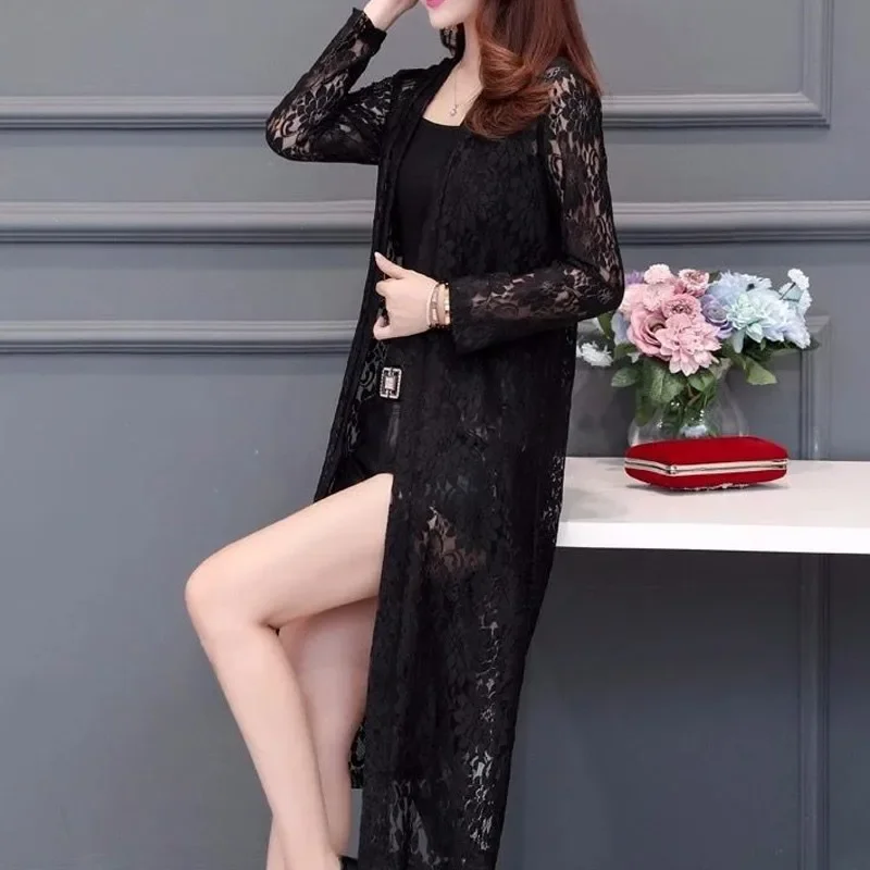 Summer New Thin Lace Loose Cardigan 3/4 Sleeve Solid Color Hollow Out Net Yarn Elegant Tops Temperament Fashion Women Clothing