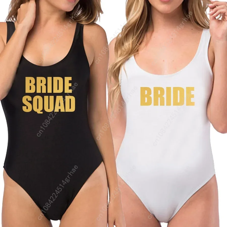 BRIDE&BRIDE SQUAD Swimwear Golden White Letter Printed One Piece Swimsuits Wedding Party Sexy Jumpsuit Women Monokini Beachwear