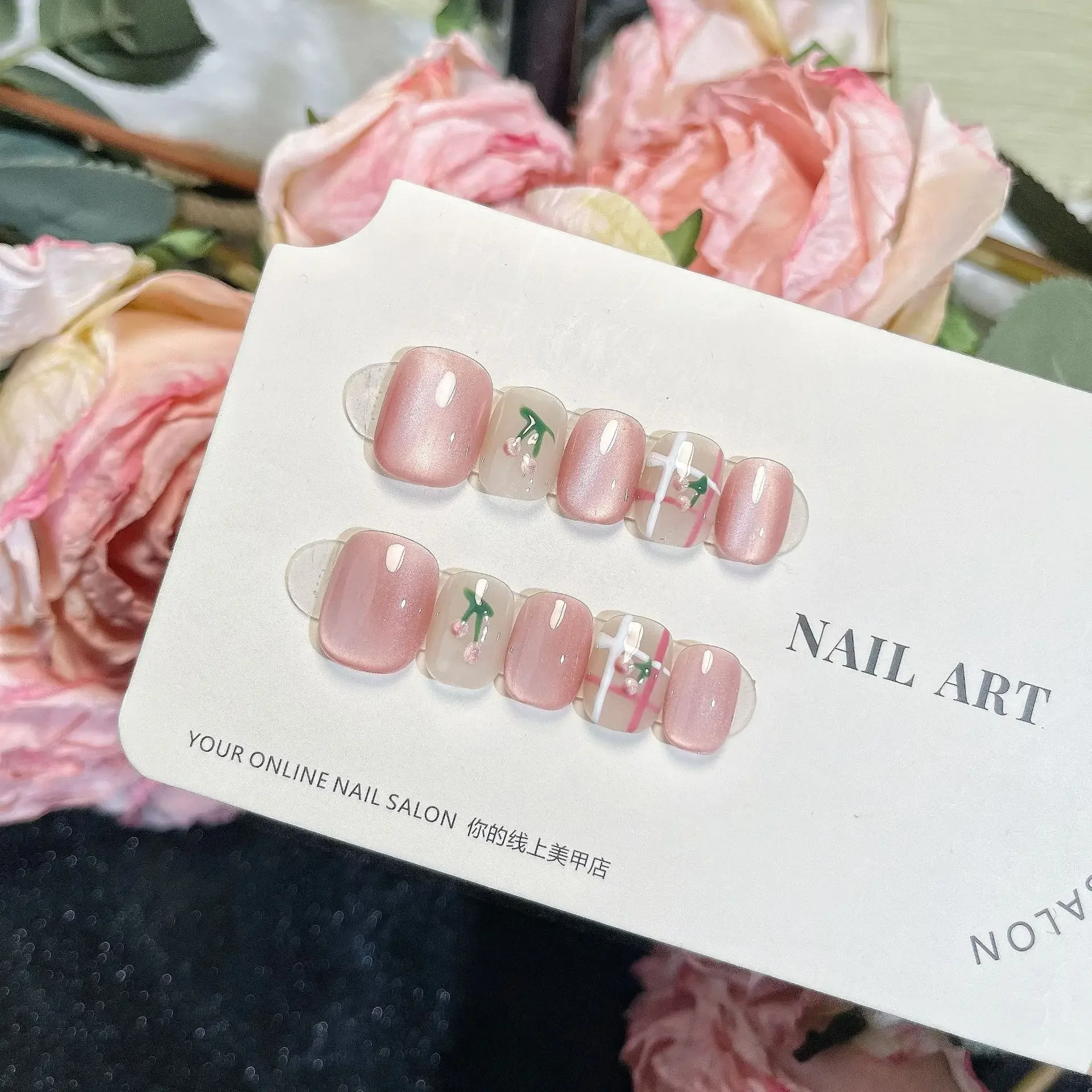 

10Pcs Handmade Pink Cat Eye Short Square Nails Sweety Acrylic Nail Tips with Hand-Painted Cherry Design for Girls Daily Wear Art