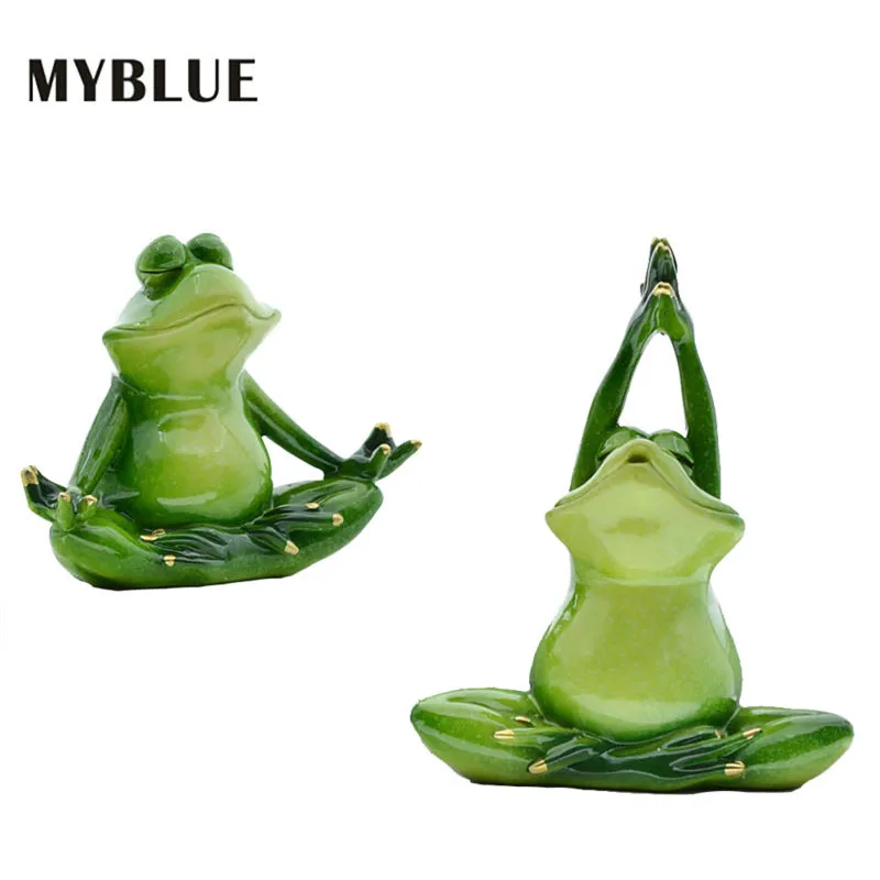 MYBLUE 2Pcs/Set Kawaii Garden Animal Resin Yoga Frog Figurines Nordic Crafts Decorations Home Yoga Studio Decor Ornament Modern