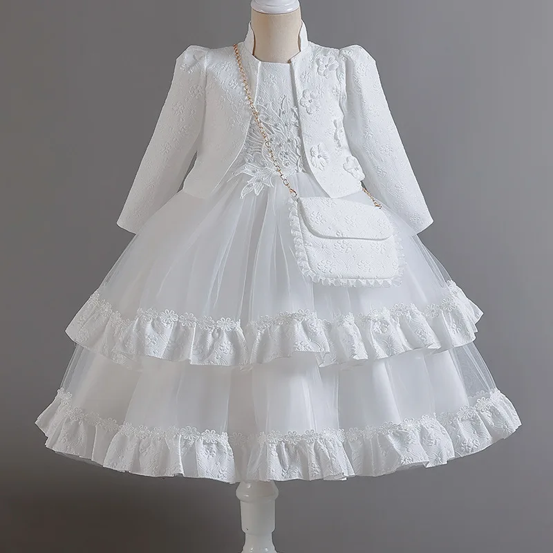 Two-piece Suit Princess Baby Girls Long Sleeve Dresses for Xmas Party Wedding Lace Dresses Birthday Princess White Baptism Dress