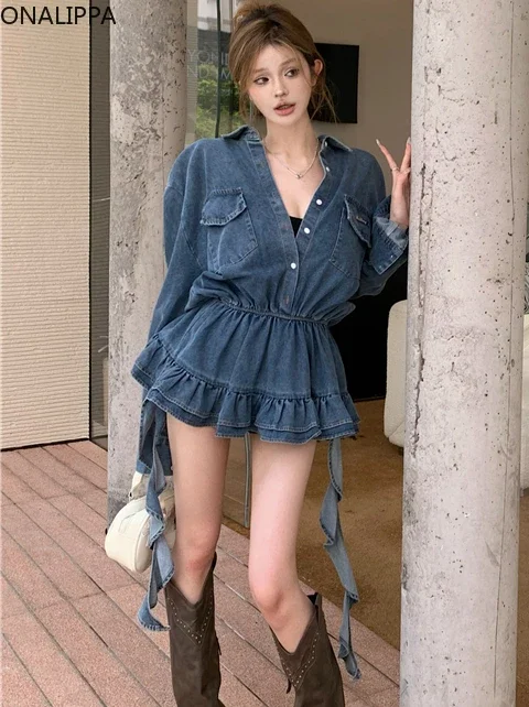 Onalippa Ruffles Denim Dress Women Vintage Elastic Waist Long Sleeves Cake Dresses Korean Chic Design Mid-length Jean Shirt