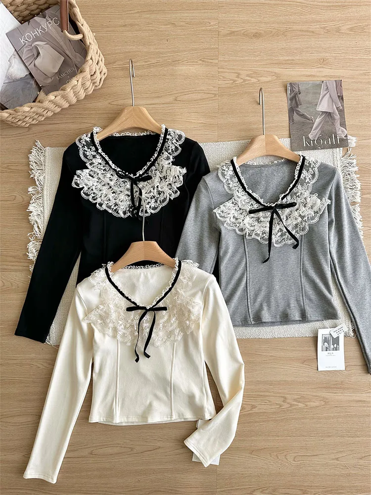 Korean Fashion Court T-Shirts Bohemian Chic Lace V-Neck Sweet Tees Gyaru Bow Crop Top Luxury Aesthetic Streetwear High Street