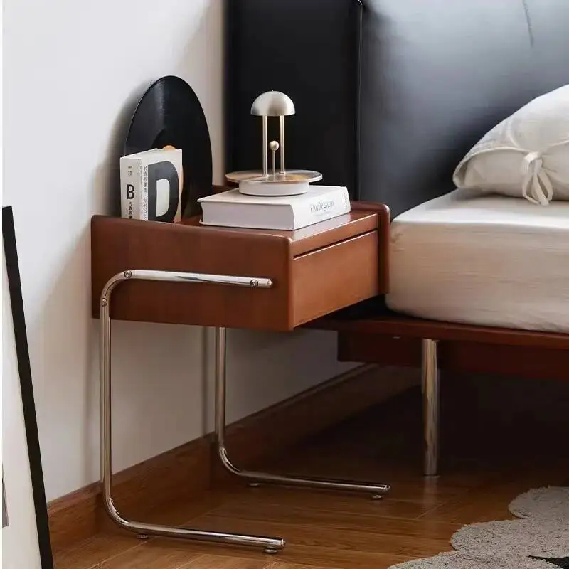 منضدة من الخشب الصلب الحديث العتيق - طاولة جانبية من الفولاذ المقاوم للصدأ عائمة بسيطة لغرفة النوم وغرفة المعيشة #3