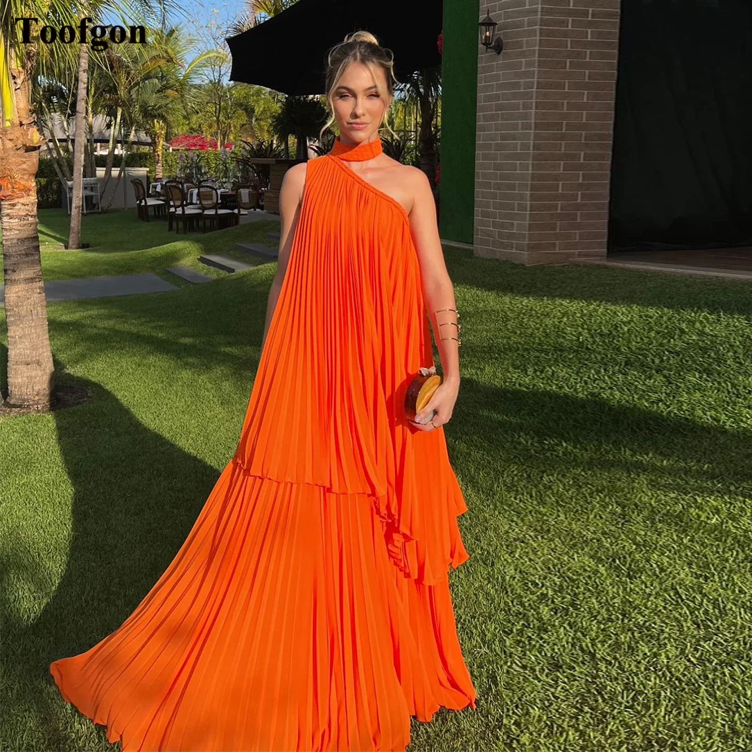 Bafftafe Oange Chiffon Prom Dresses Crumpled Halter Formal Wedding Party Bridesmaid Dress One Shoulder Women Evening Gowns 2023