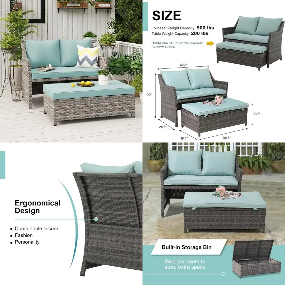 

2-Piece Outdoor Patio Furniture Set with Wicker Loveseat and Coffee Table, Grey Rattan, Built-in Storage Bin