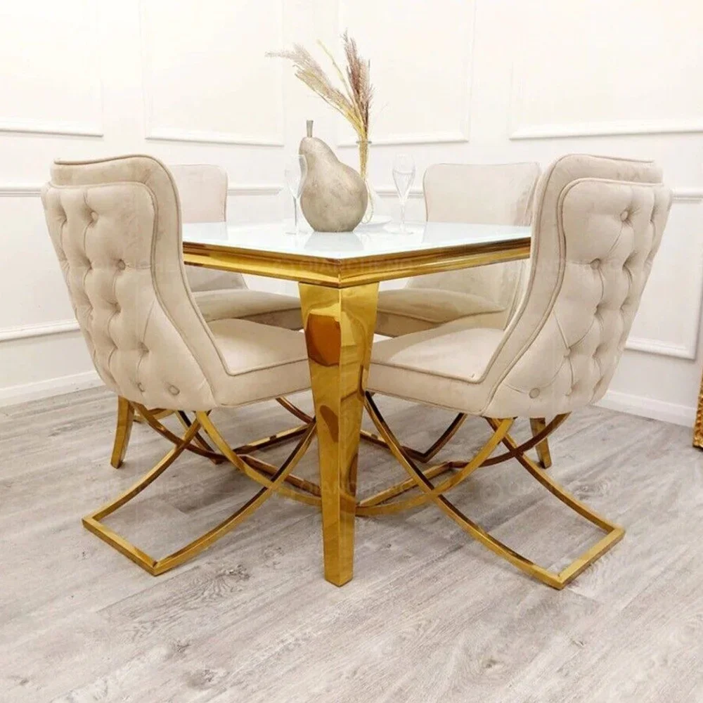 Manufacturer 1m 1.8m 2m long stunning White glass and gold dining table set with beige velvet 6 chairs chrome-dining-table-leg