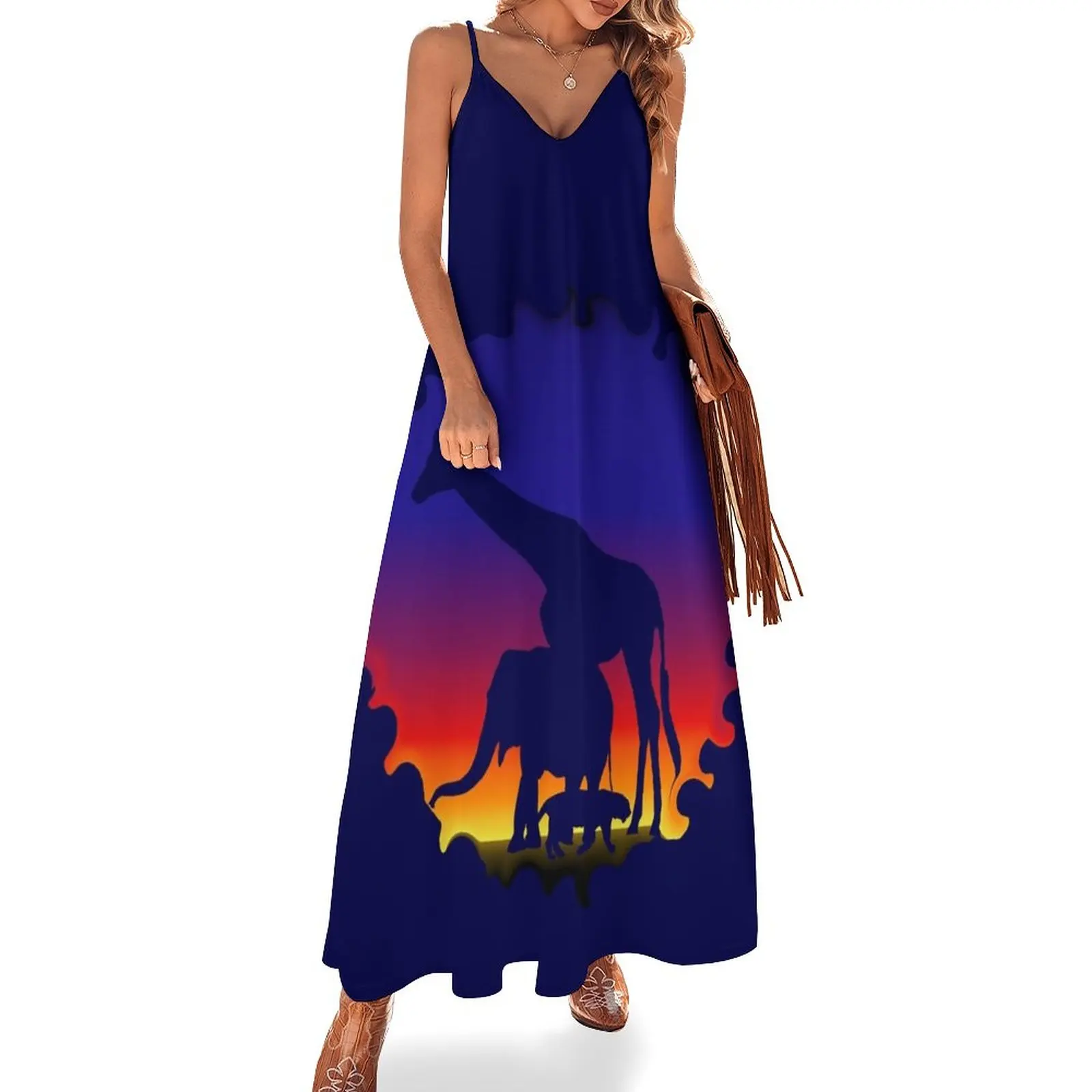 

Silhouette elephant giraffe tiger africa sun Sleeveless Dress Evening gown summer women's suit