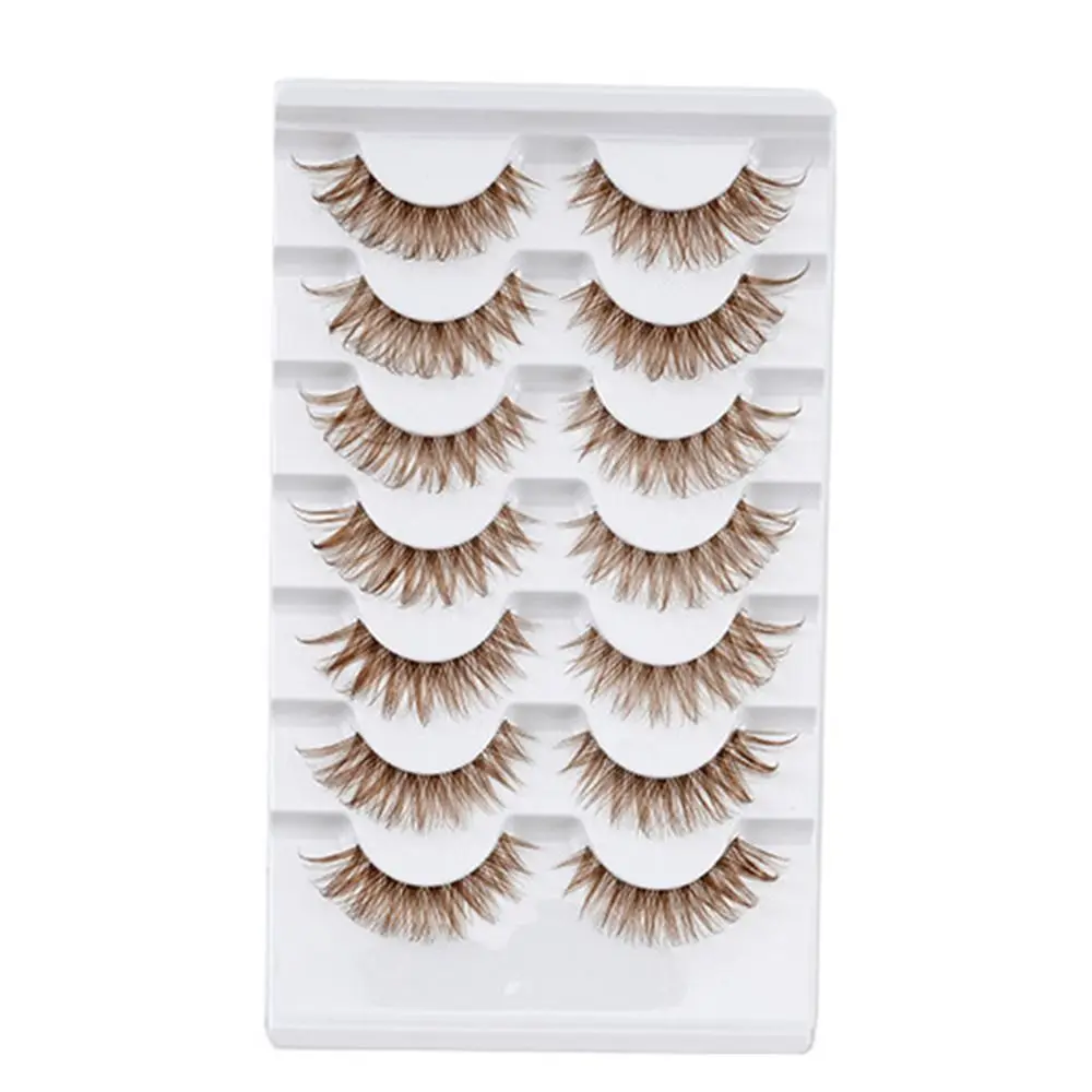 Natural Look 7 Pairs Simulation Eye Eyelashes Clear Stem Curled Brown Colored Eyelashes Fluffy Reusable 3D False Eyelashes Women