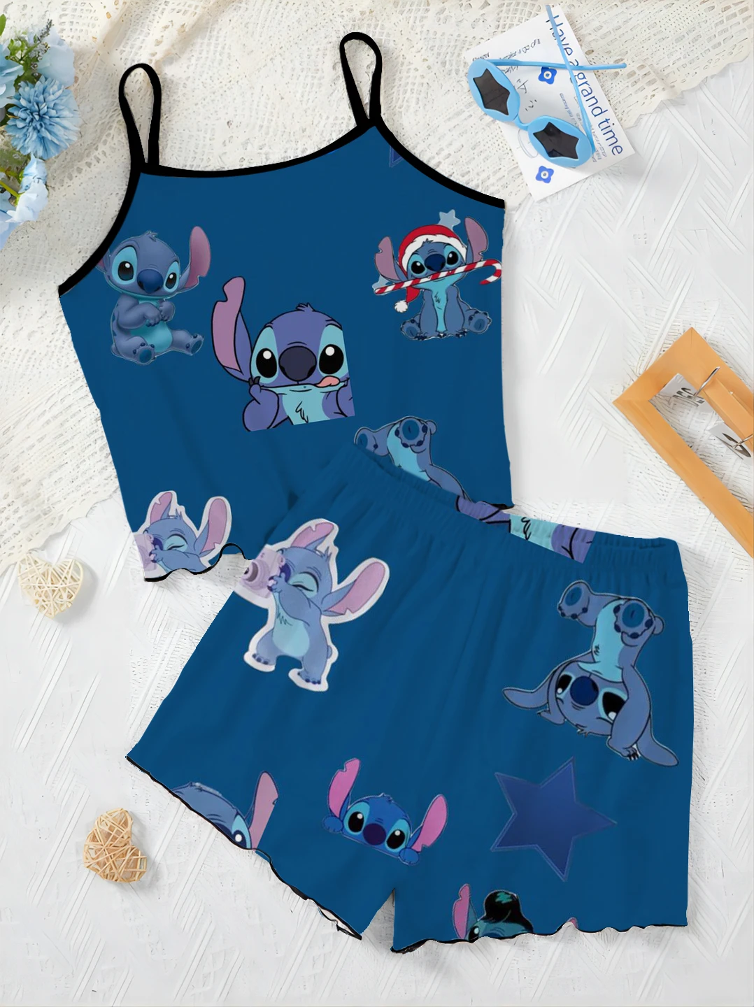 Completo estivo da donna gonna pigiama t-shirt set corto Top Disney lattuga Trim Stitch Slip Dress Piece Outfit elegante Disney