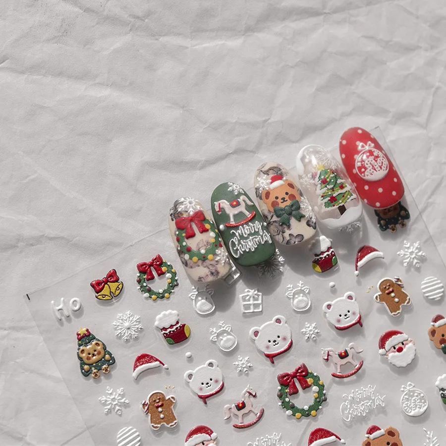 Merry Christmas Tree Snowman Bear Biscuits High Quality Adhesive Nail Stickers Nail Art Decorations Nail Decals Design T-3513